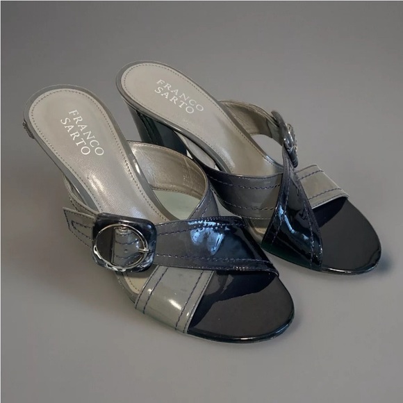 Franco Sarto Sandals Heel Open Toe Slide Sz 7M Leather Buckle Black Gray - Picture 4 of 11